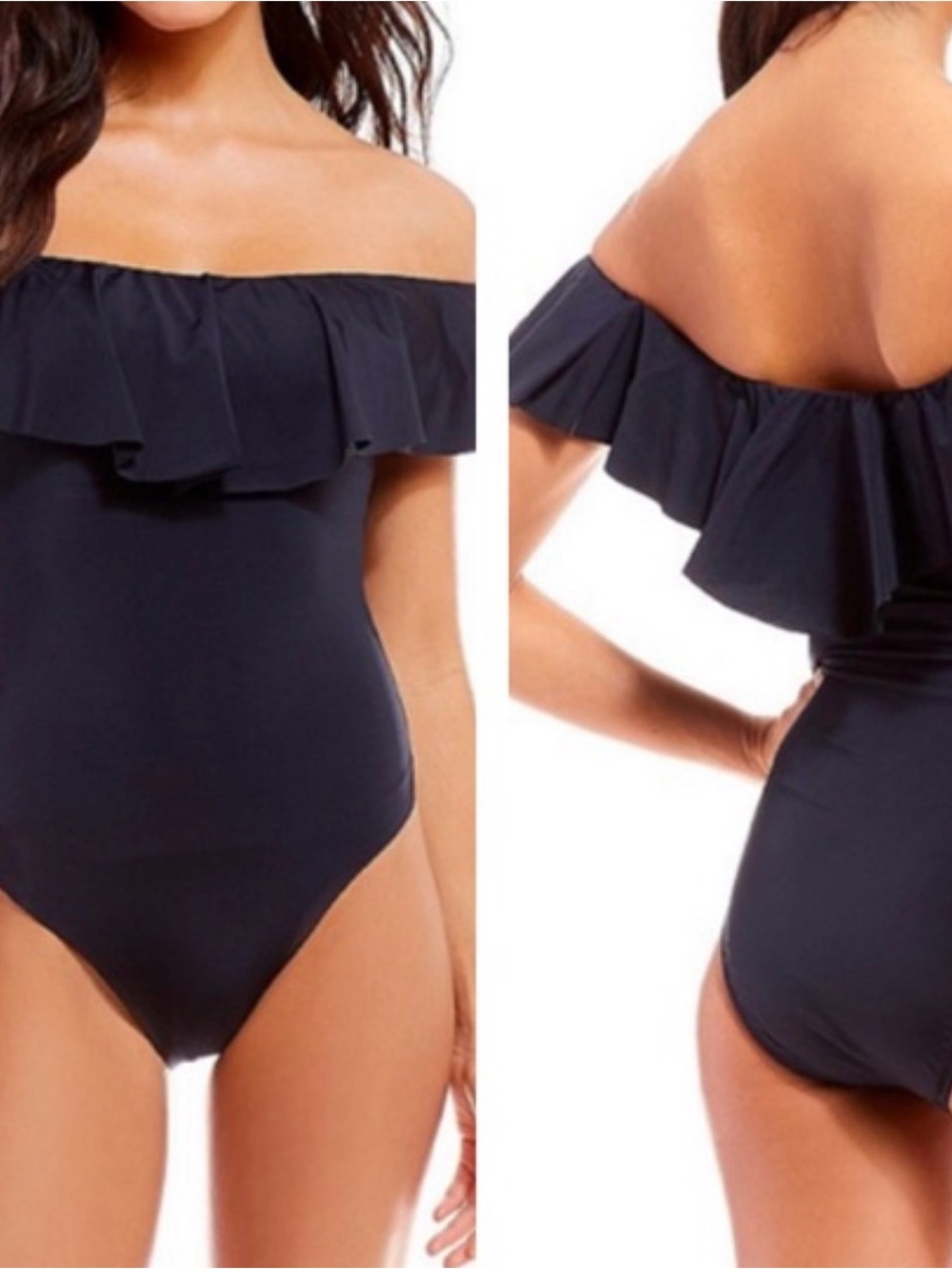 Trina Turk Black Off-Shoulder Ruffle One-Piece